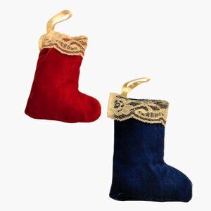 Victorian Blue Velvet Mini Christmas Stocking Ornament Lace Trim Ribbon